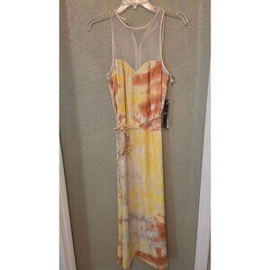 Kensie Yellow Watercolor Belted Lightweight Sleeveless Maxi Dress M NEW